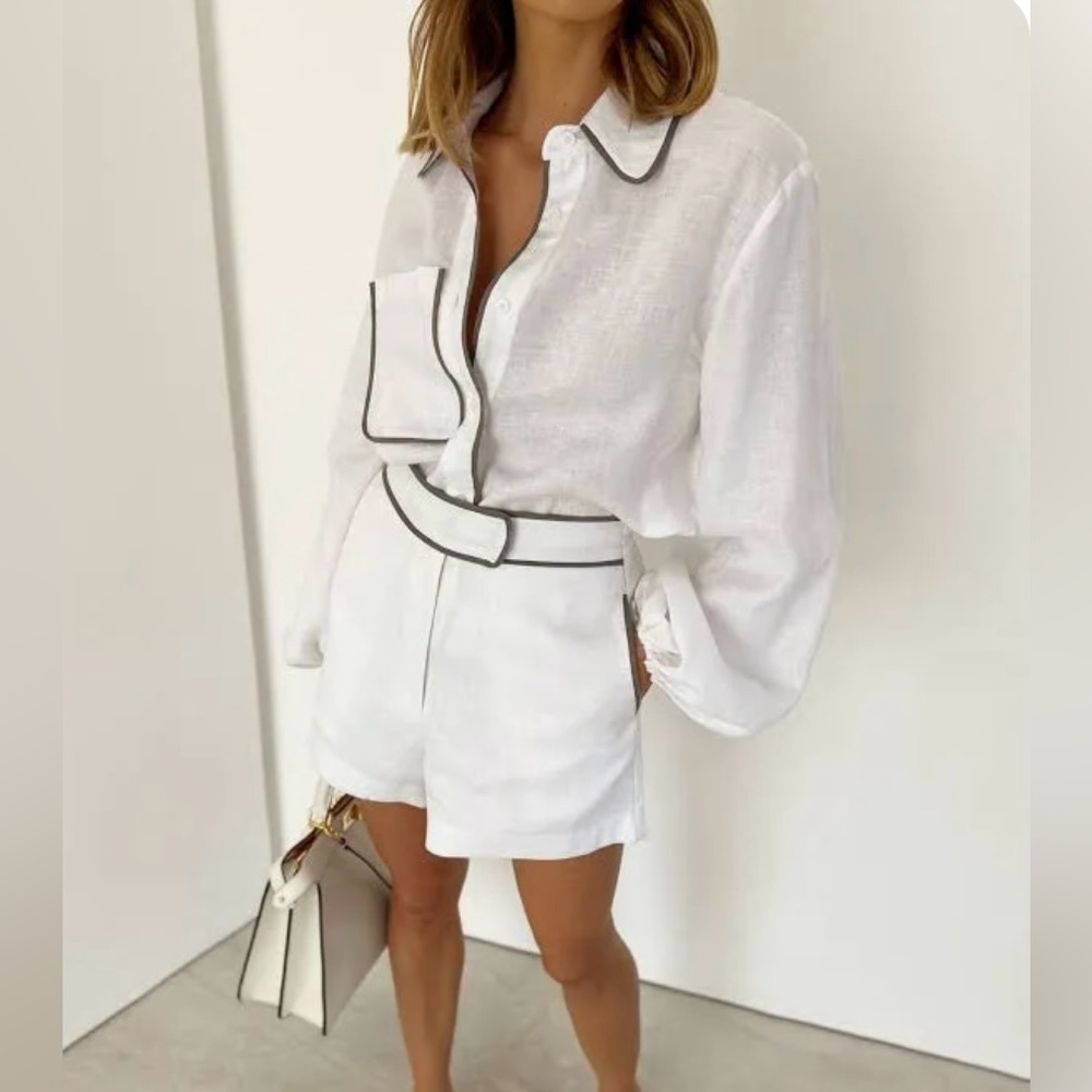 Contrast Trim Cotton Linen Two Piece Shorts Set by Commense